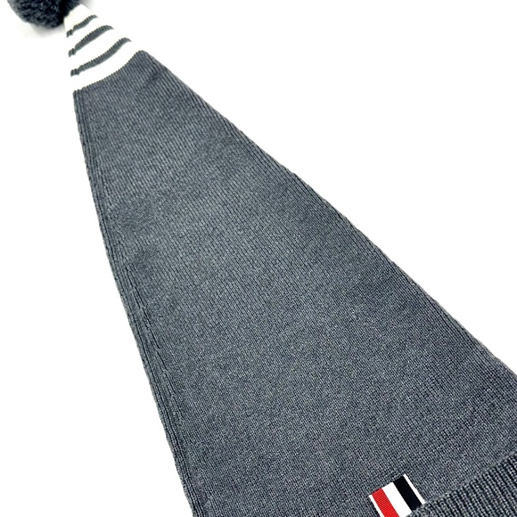 THOM BROWNE Grey Striped Stocking Beanie with Pouf Ball - Picture 7 of 10